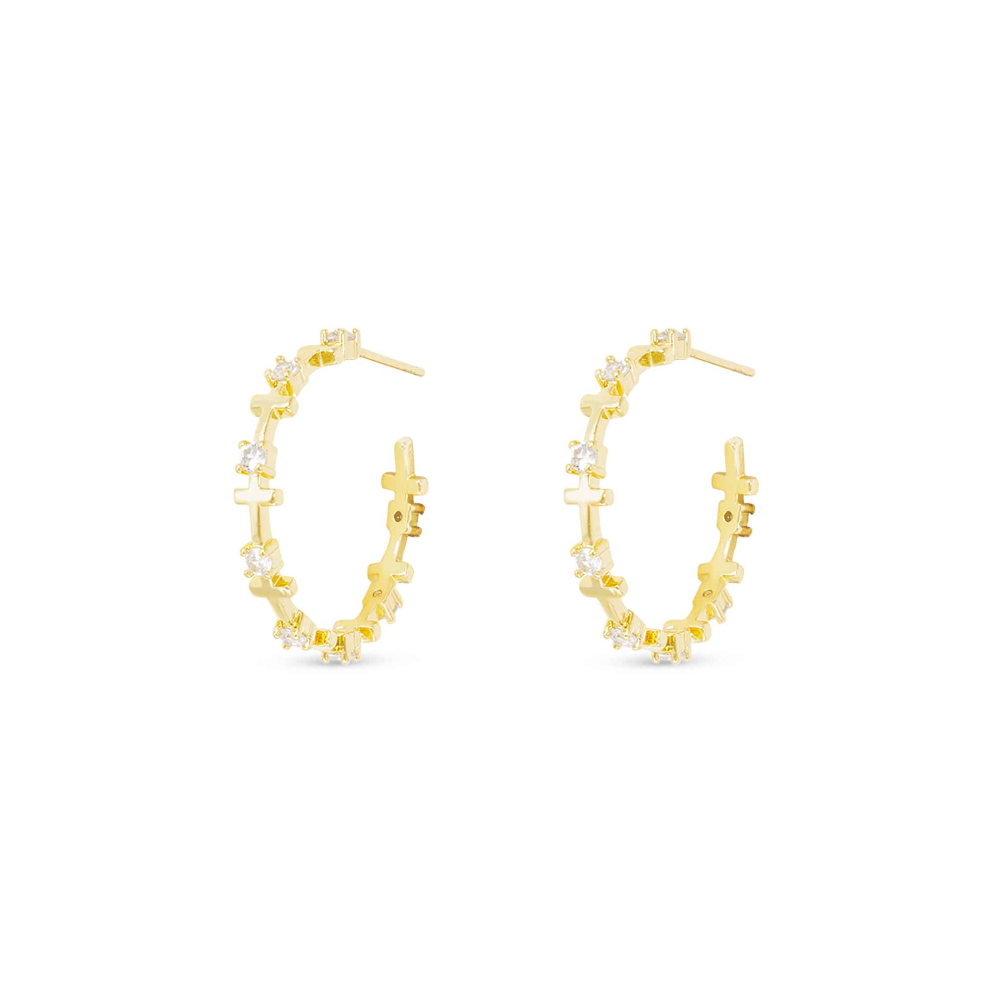 Gold CZ Infinity Cross Hoop Earrings featuring cubic zirconia stones and cross motifs.