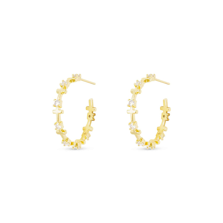 Gold CZ Infinity Cross Hoop Earrings featuring cubic zirconia stones and cross motifs.