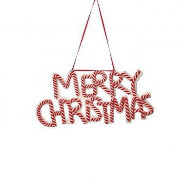 Cdough Merry Christmas ornament featuring candy cane striped letters hanging from a red ribbon.