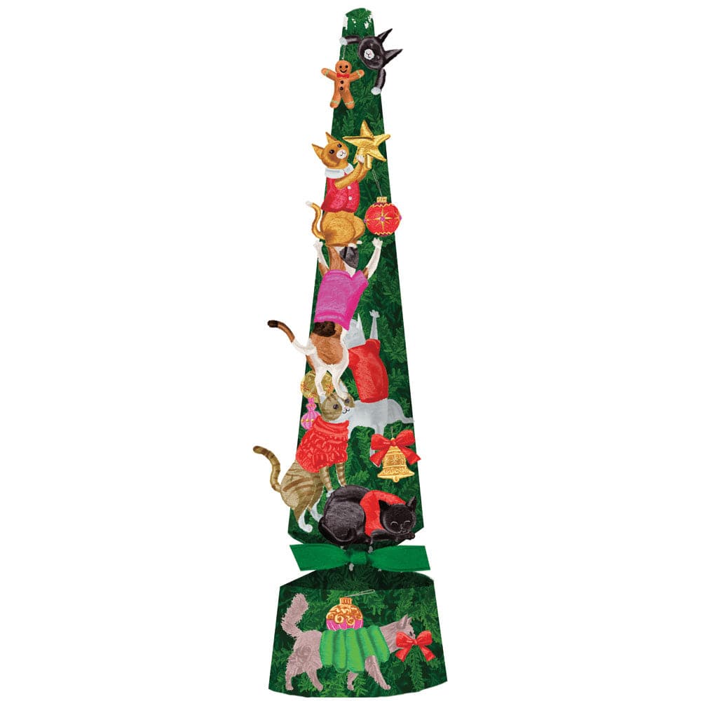 Cone-shaped Christmas cracker featuring an illustration of cats stacked up to decorate a tree.