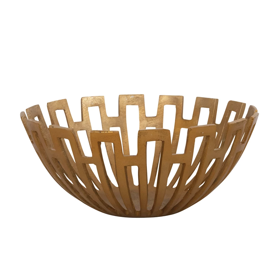 Decorative Aluminum Art Deco Bowl with Cut-Outs, Antique Gold Finish