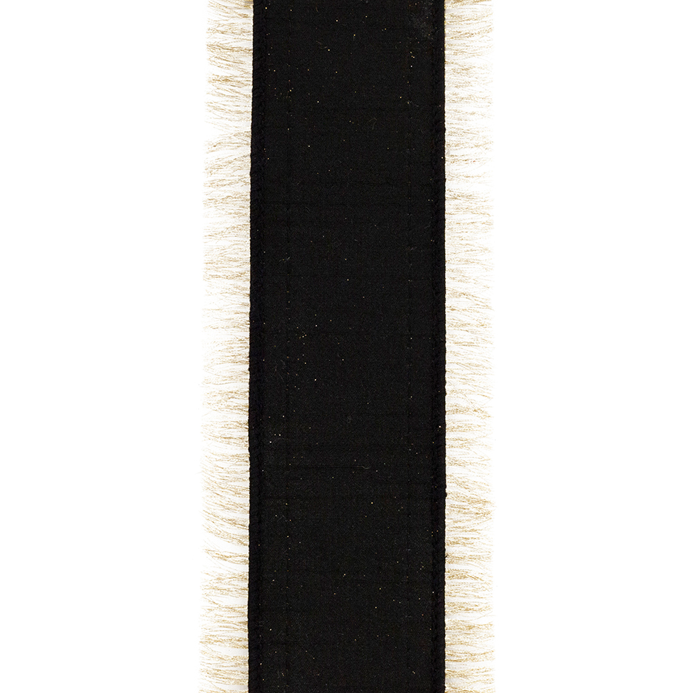 Black velvet wired edge ribbon with gold glitter accents and metallic gold fringe trim.