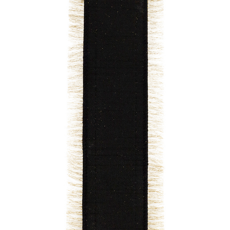 Black velvet wired edge ribbon with gold glitter accents and metallic gold fringe trim.