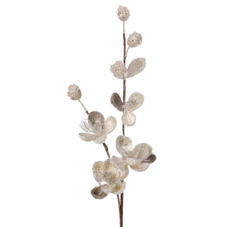 35-inch decorative magnolia stem with crystal-encrusted petals and buds in a neutral white tone.