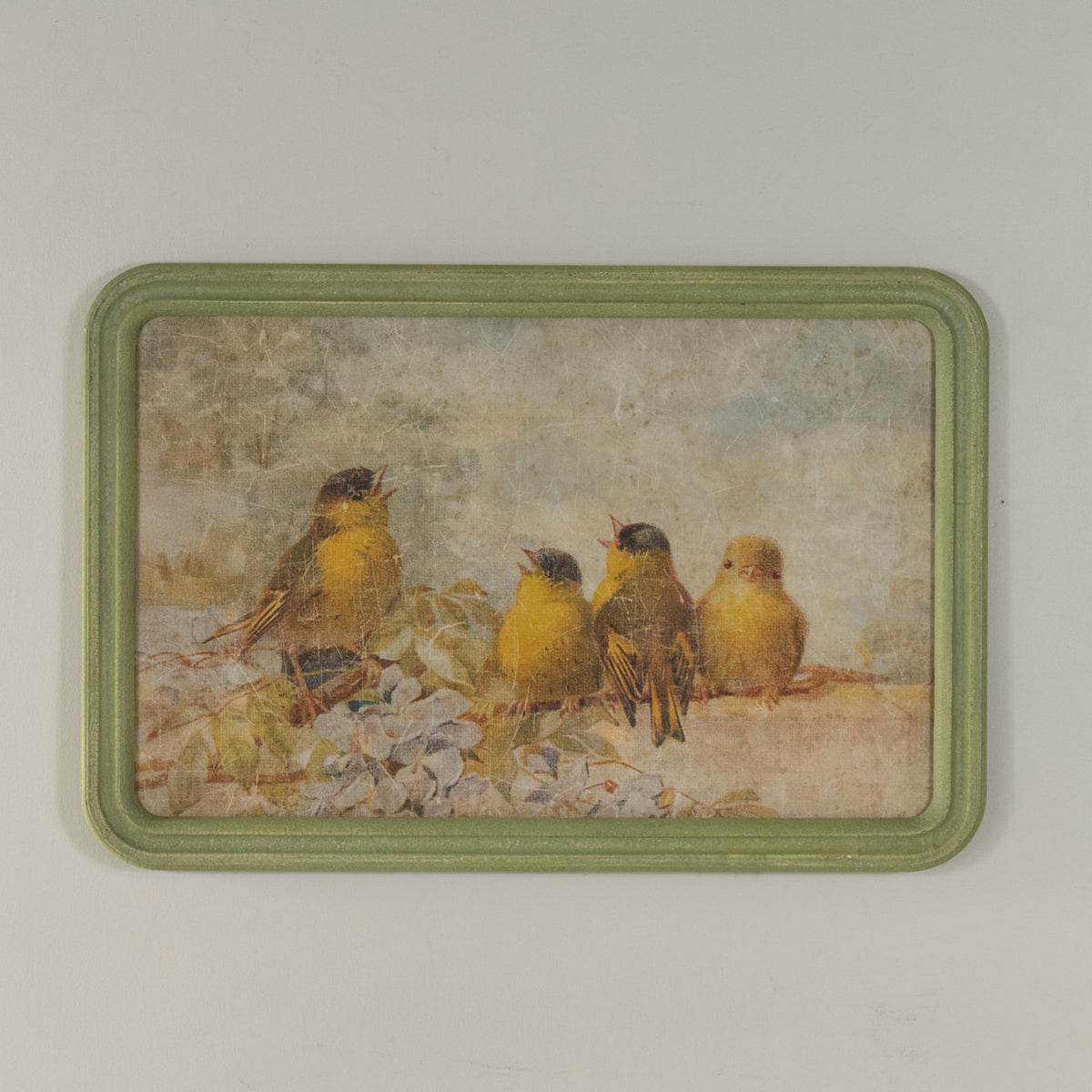 Framed print featuring singing birds on glass with wood frame
