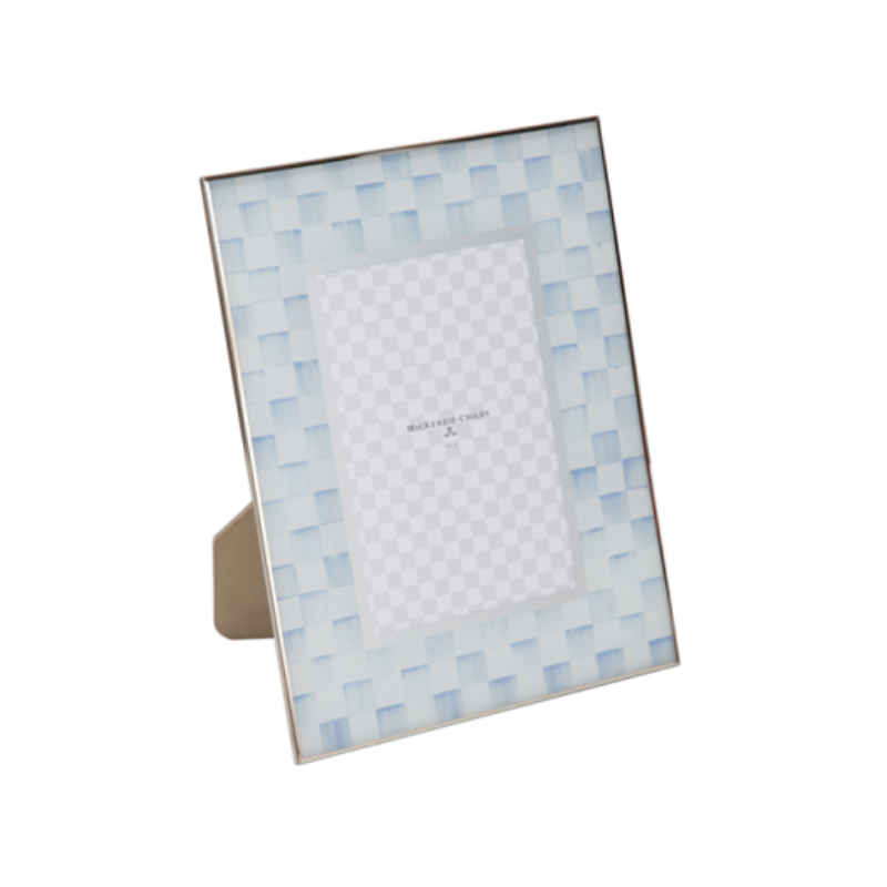 Check 4” x 6” glass frame with light blue and white checkered pattern and brass edges.