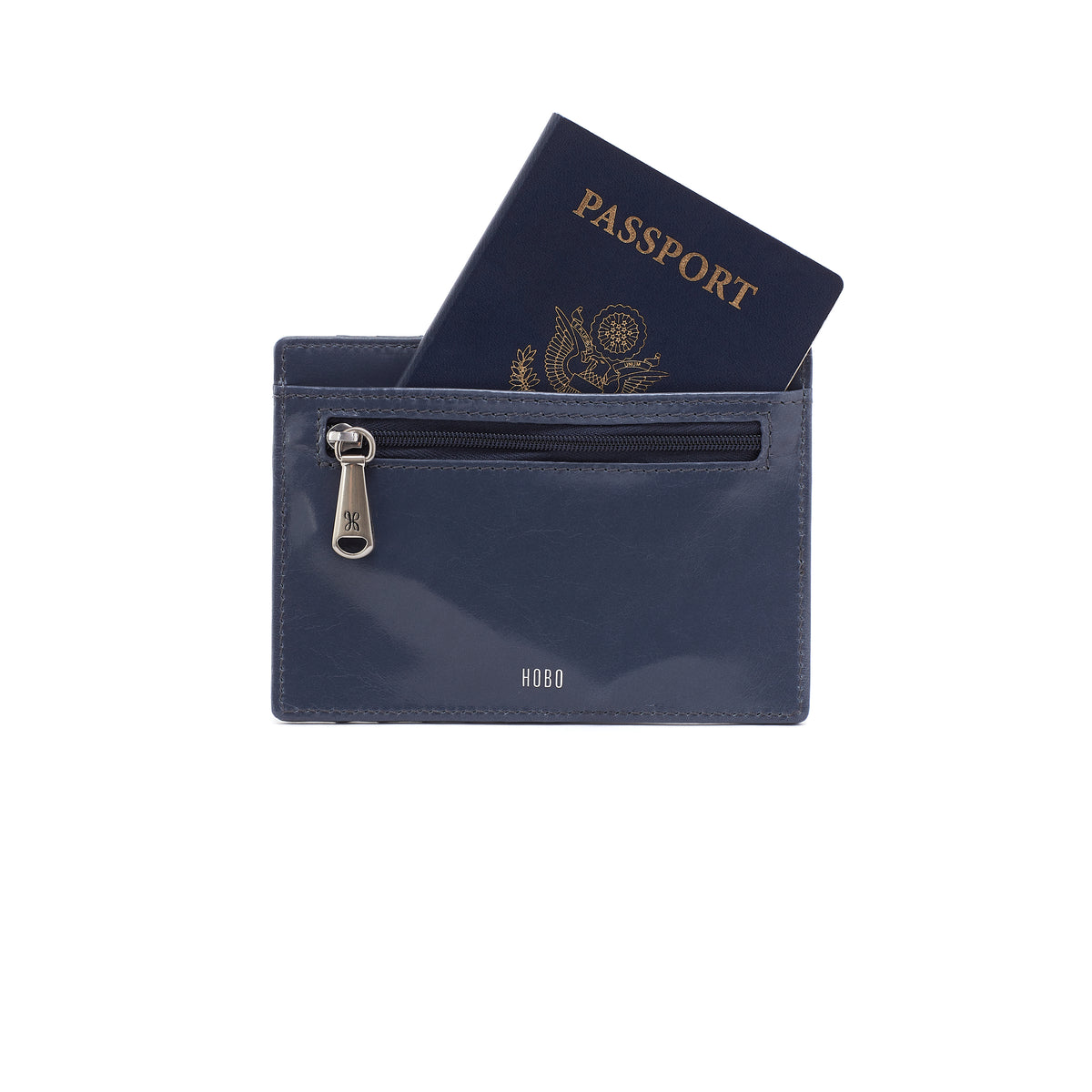 Euro Slide passport holder in brushed nickel with ID slot, card slots, slip pocket, and zip pocket.