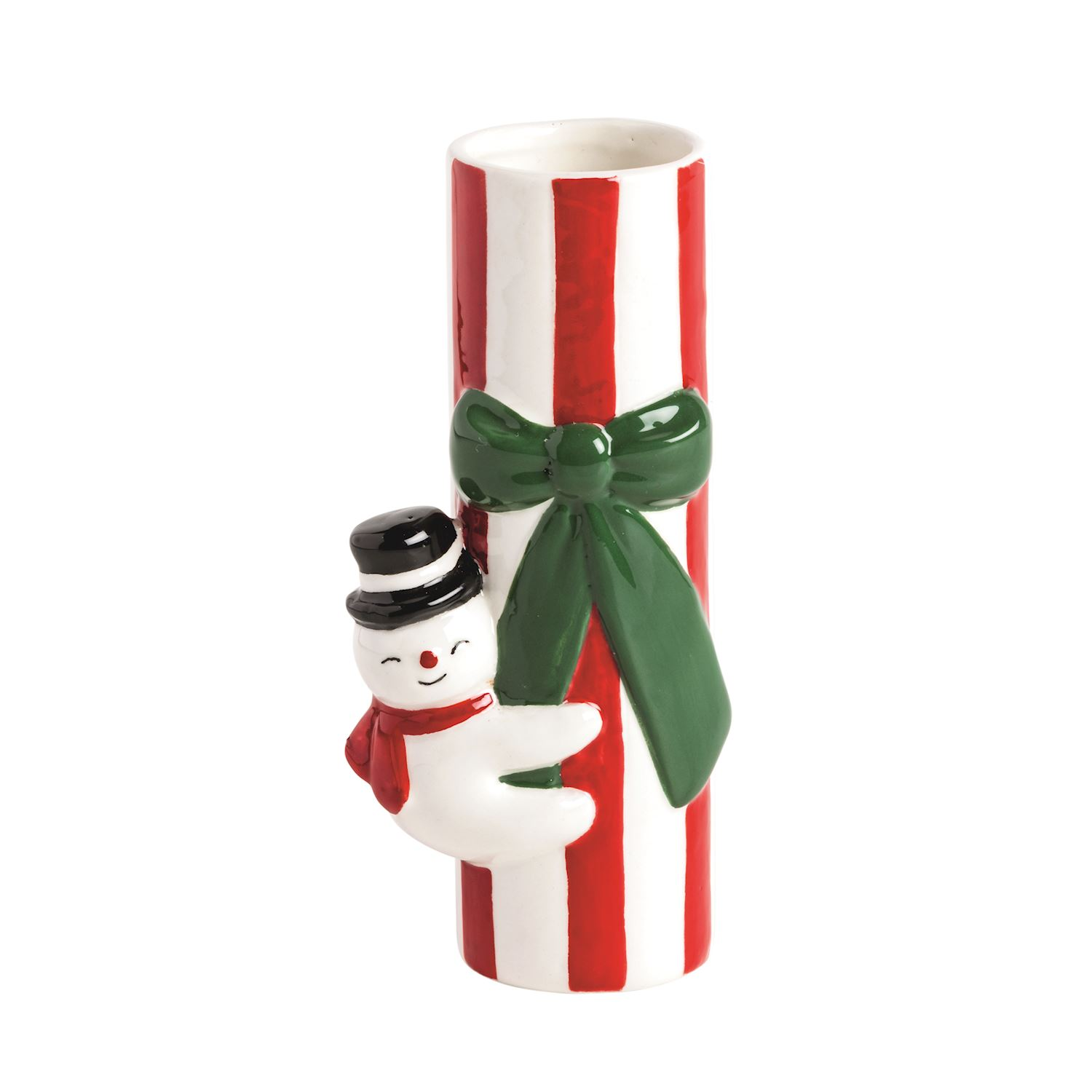 Red and white striped ceramic stem vase with a green bow and a small snowman figure.