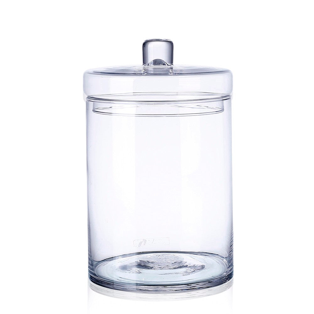 Clear 8-inch diameter cylindrical glass jar with a matching lid and top handle.