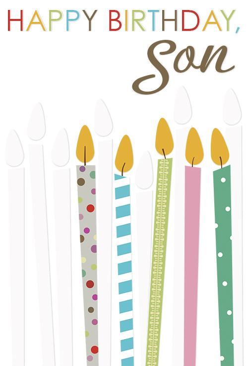 Happy Birthday, Son greeting card with colorful candles and patterns.