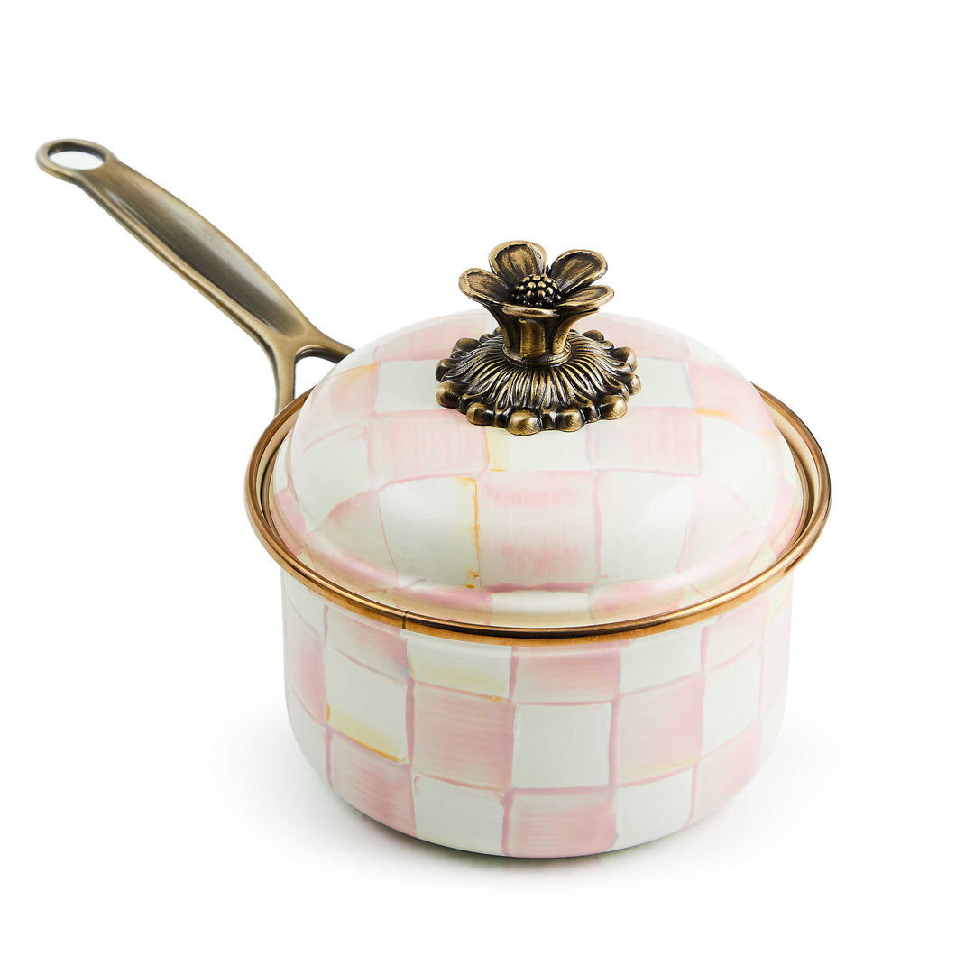 Rosy Check 1 Qt. Saucepan with hand-painted pink and white checks and a brass flower knob.