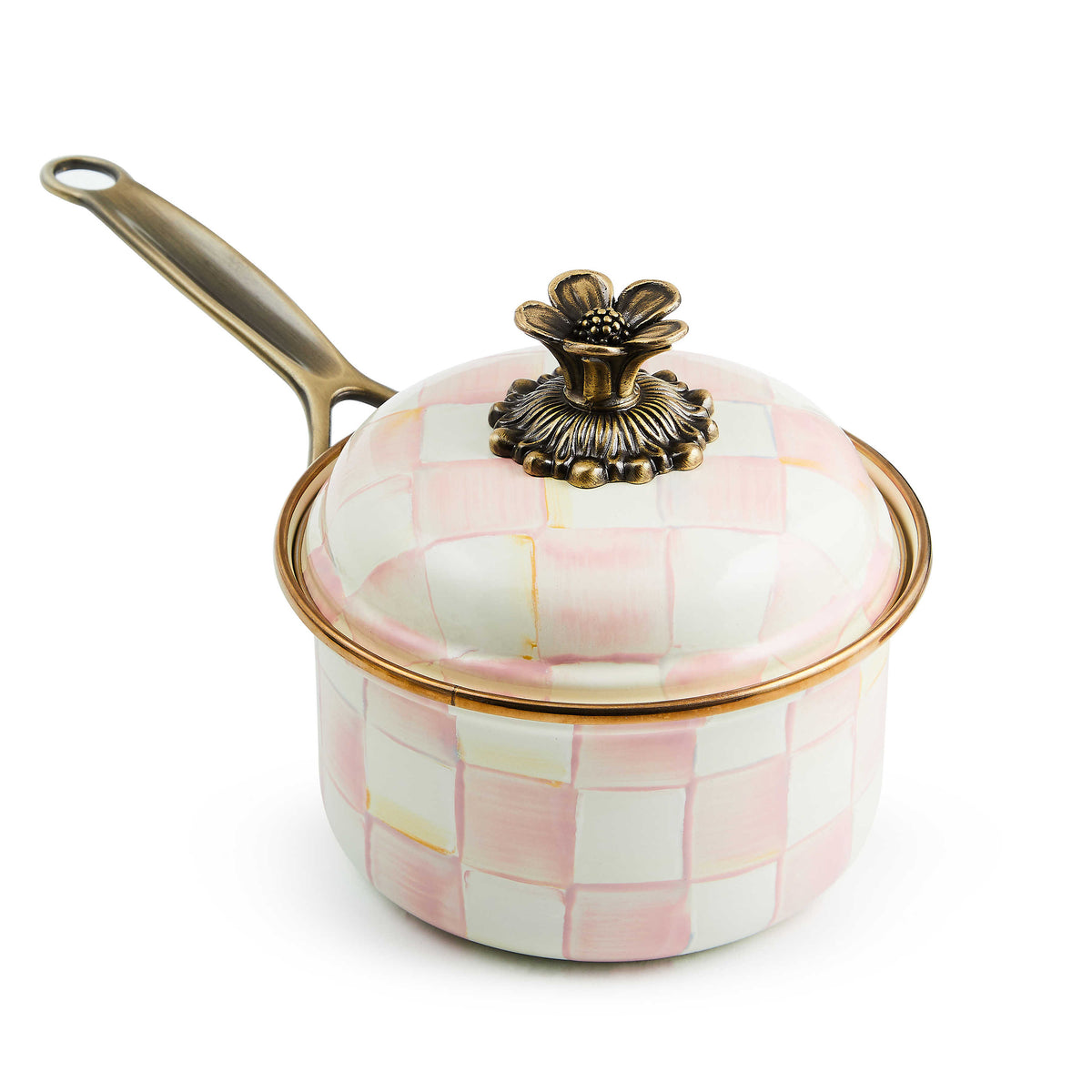 Rosy Check 1 Qt. Saucepan with hand-painted pink and white checks and a brass flower knob.