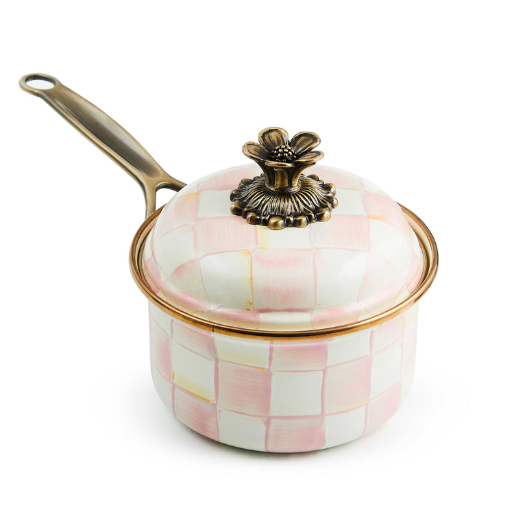 Rosy Check 1 Qt. Saucepan with hand-painted pink and white checks and a brass flower knob.