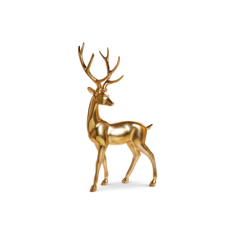 20.5-inch elegant gold resin deer figurine with large antlers standing on a white background.