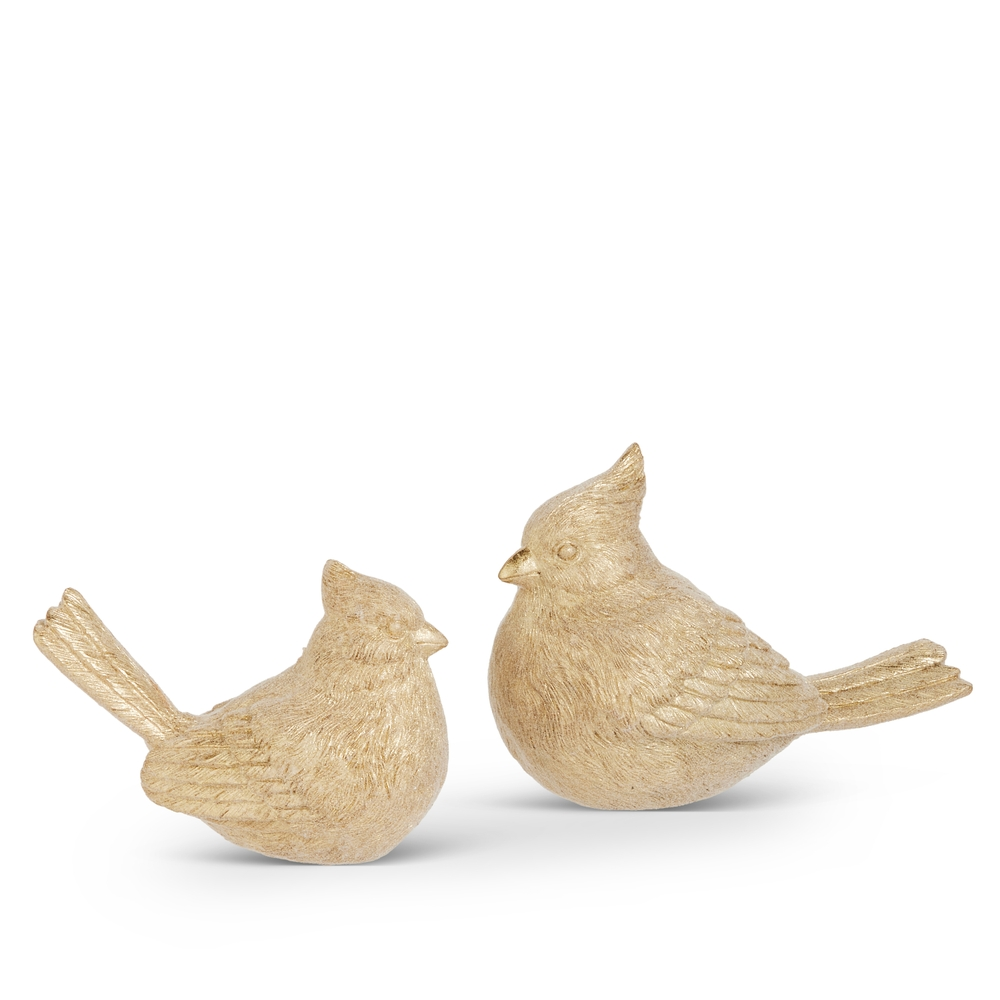 Two gold flocked bird figurines with textured feather details and crests, sold individually.