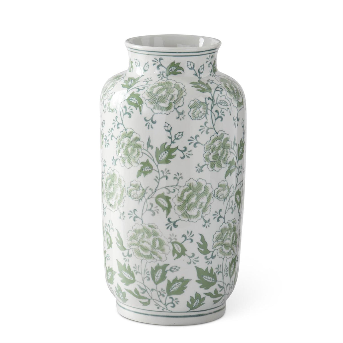 Ceramic vase with green and white floral pattern on a neutral background