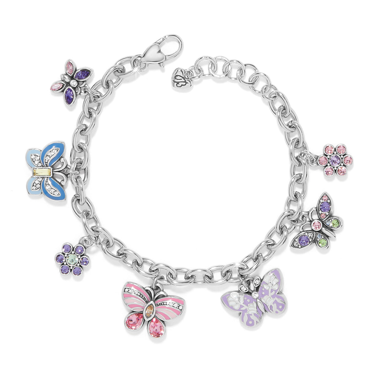 Silver plated adjustable bracelet with multi-colored enamel butterfly charm featuring fine quality crystals.