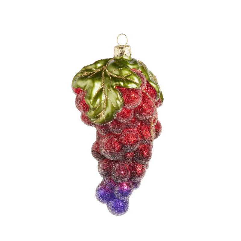 5-inch glittered glass grape cluster ornament with green leaves and red to purple gradient grapes.