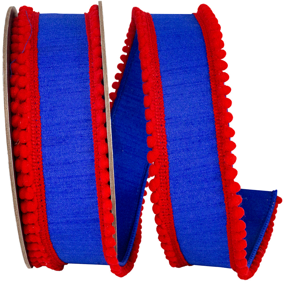 Blue dupioni wired edge ribbon with red mini pom pom trim on both edges.
