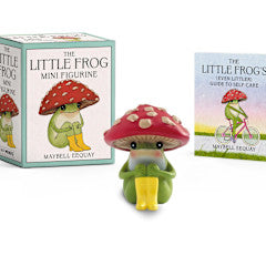 The Little Frog Mini Figurine with a red mushroom hat, yellow boots, packaging box, and mini book.