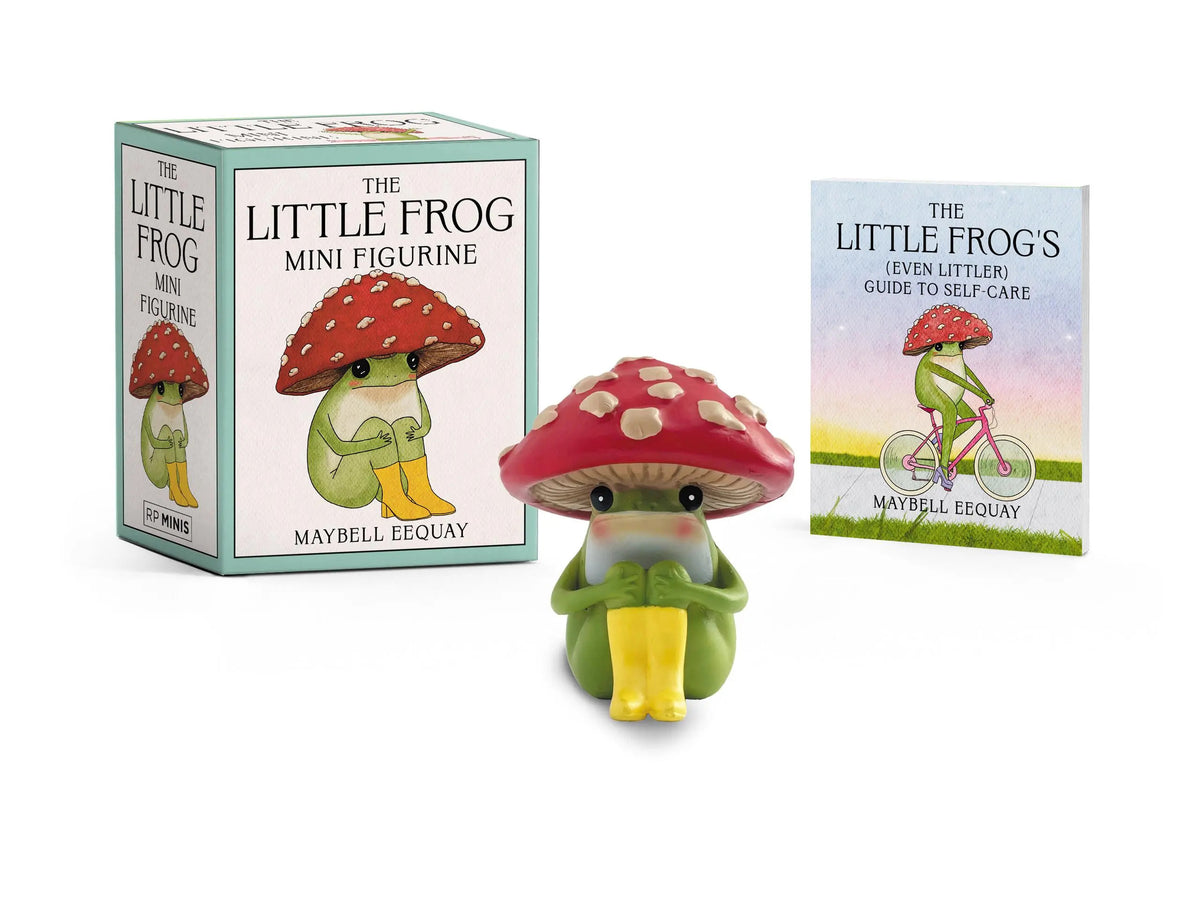 The Little Frog Mini Figurine with mushroom hat, yellow boots, packaging box, and mini book.