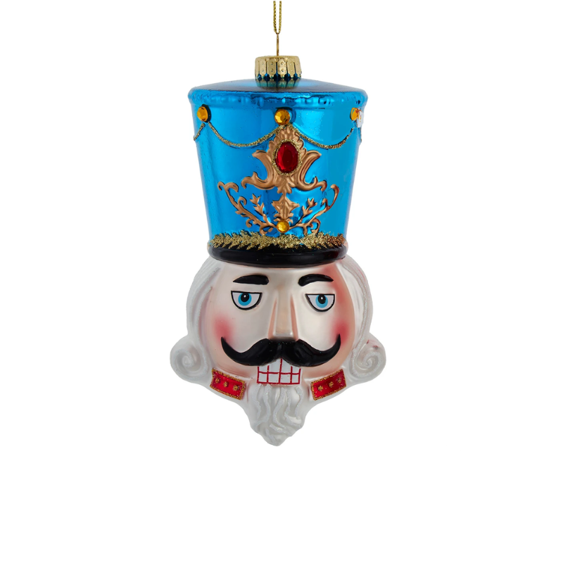 7-inch glass nutcracker head ornament with a tall blue hat, gold accents, and a white beard.