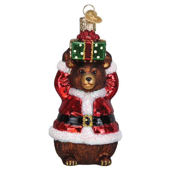 Christmas Bear ornament in red with white accents depicting a bear wearing Santa's jacket.