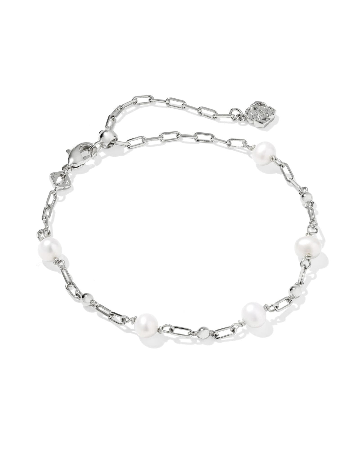 Ashton Delicate Chain Bracelet in silver with five freshwater cultured pearls and paperclip links.