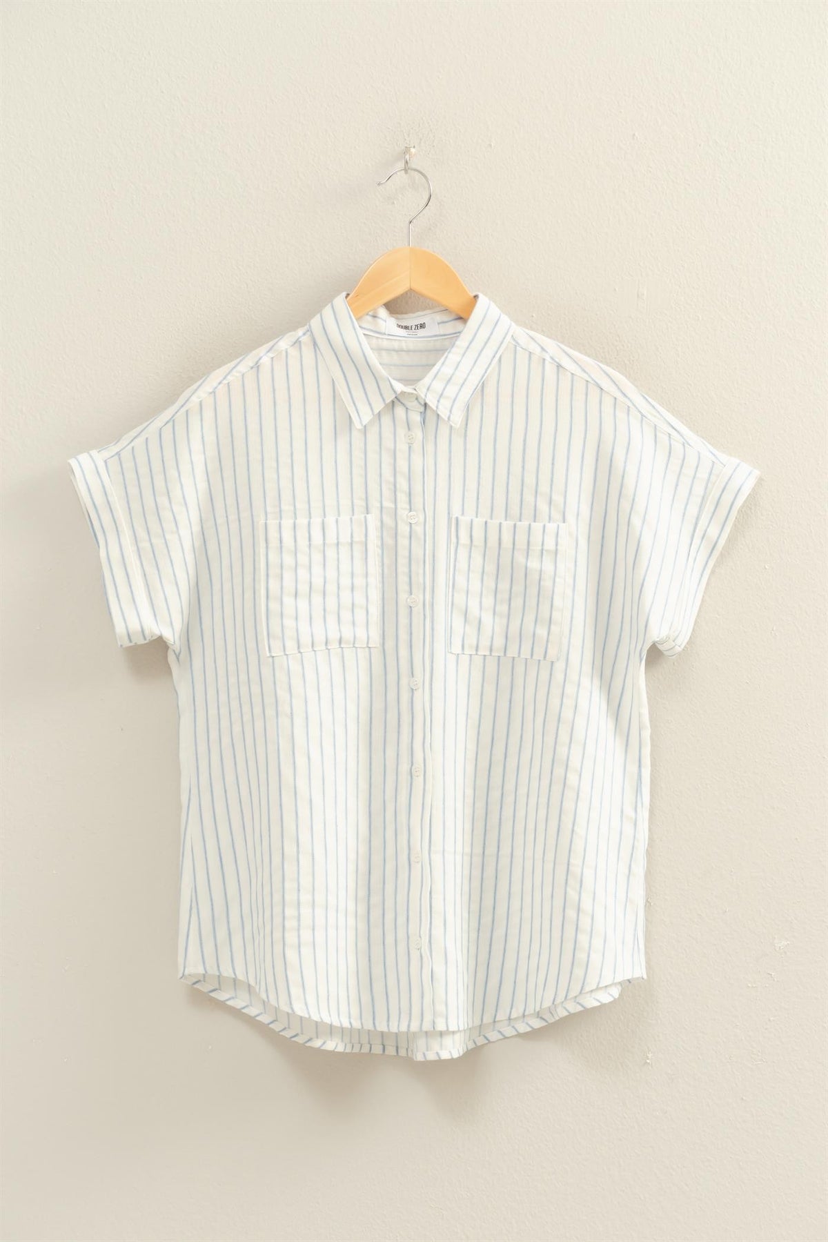 Alma Striped Button-up Dolman Sleeve Shirt in white with blue vertical stripes and chest pockets.