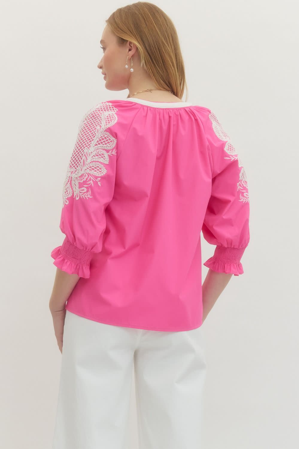 Madelyn Solid Embroidered ¾ Sleeve Top