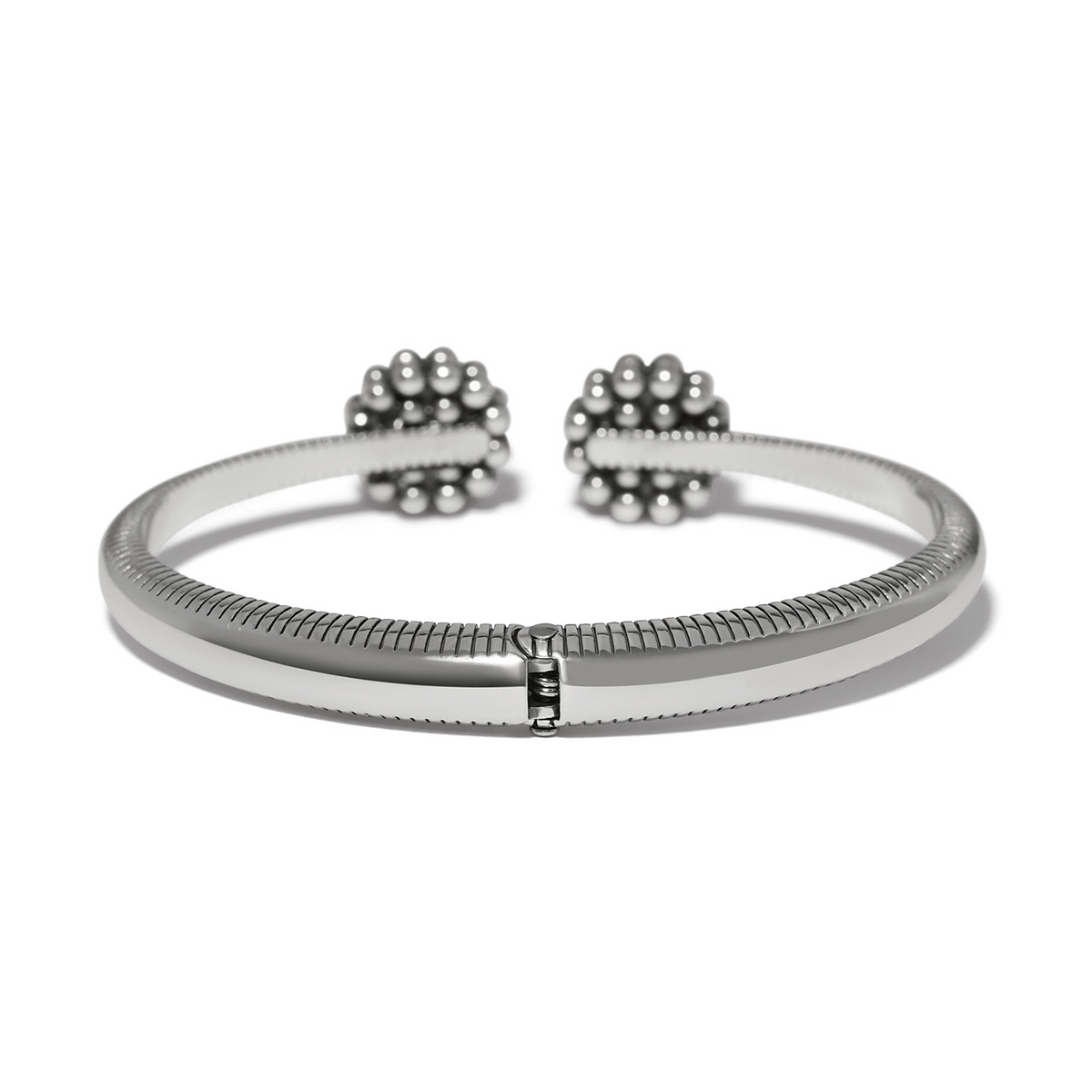 Silver Pretty Tough Blossom open hinged bangle with beaded flower ends and a textured band.
