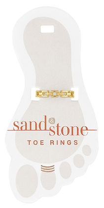 Gold chain-link style Sand & Stone toe ring displayed on a foot-shaped card.