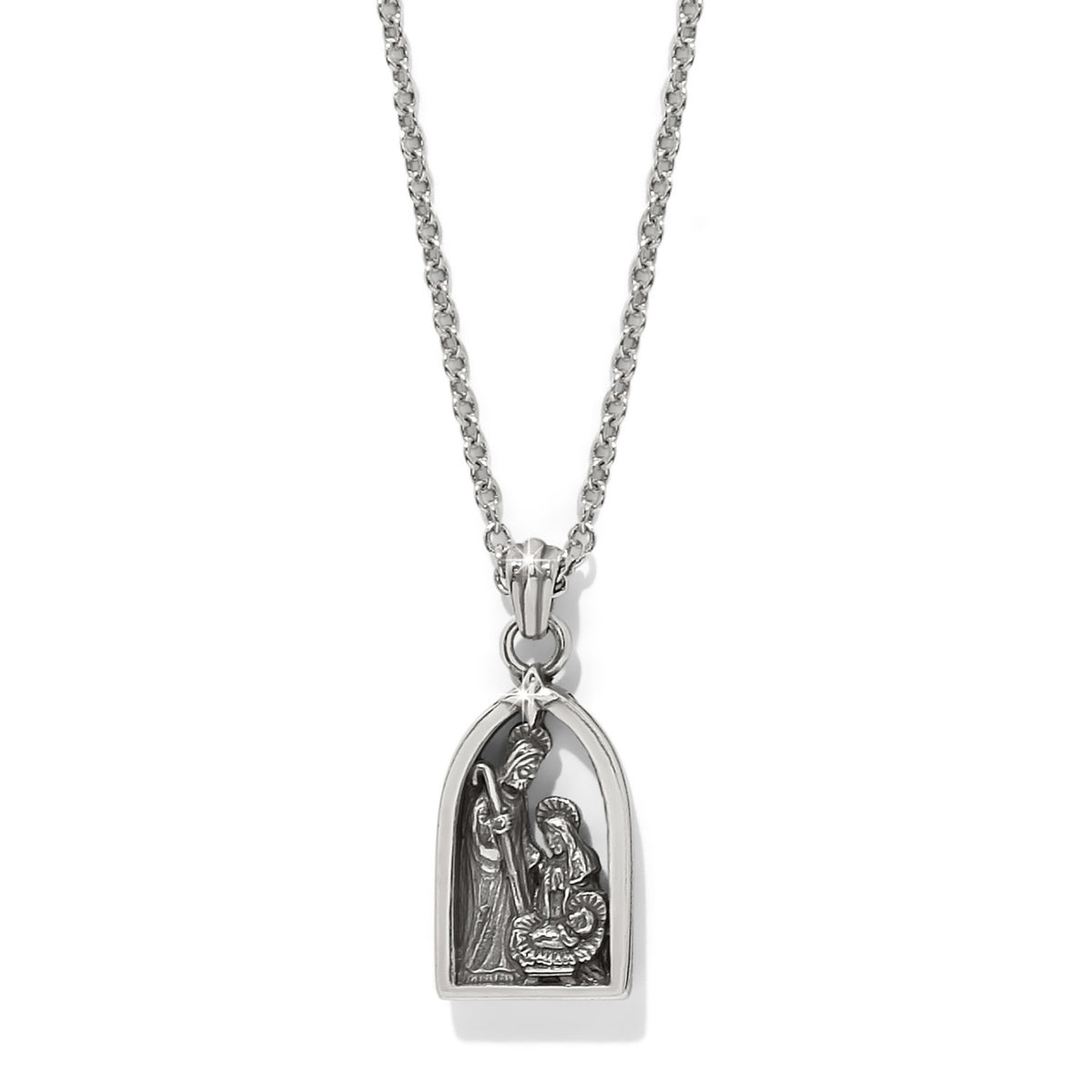 Silver plated adjustable necklace with a nativity pendant featuring a figure on horseback.