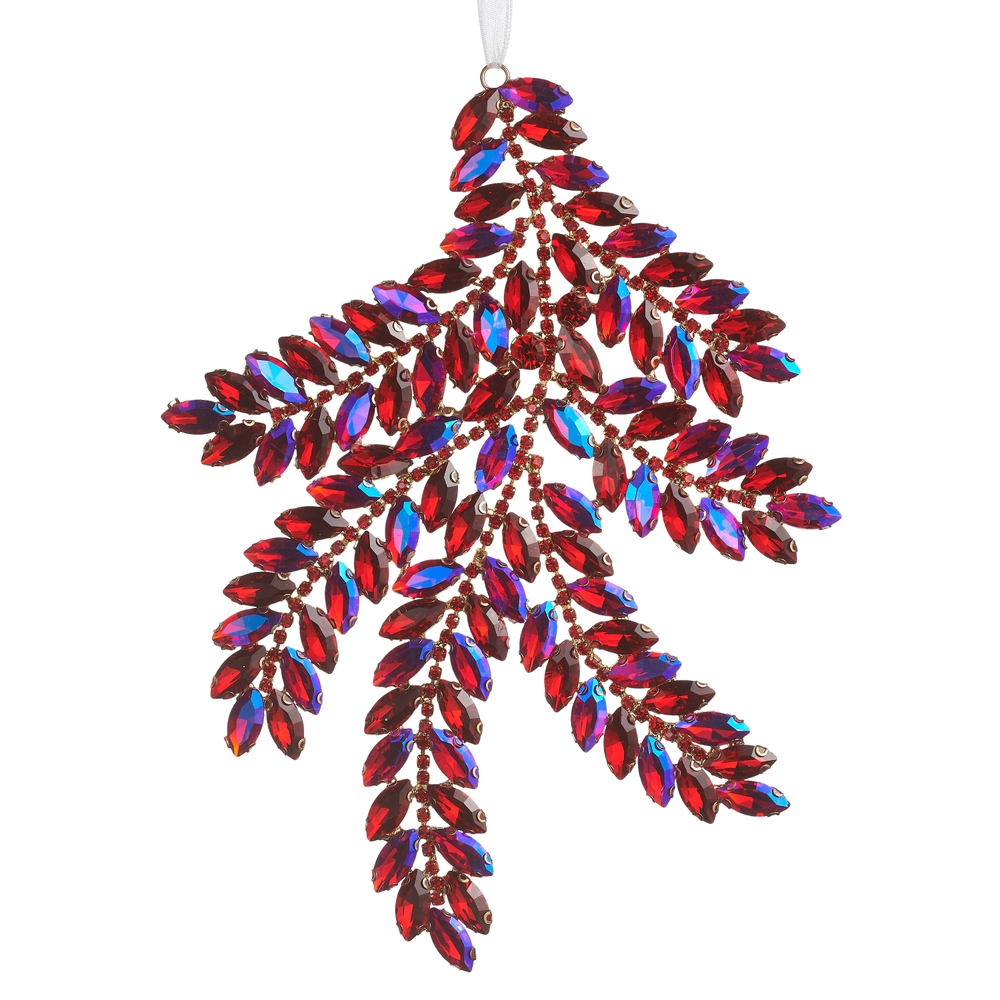 7-inch red jewel pine branch ornament with faceted ruby and iridescent crystals.