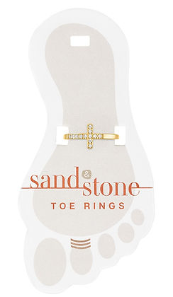 Gold-tone cross toe ring with clear crystals on a foot-shaped Sand & Stone display card.