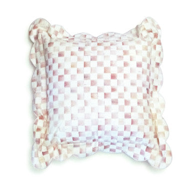 Reversible scalloped throw pillow with cotton fabric in a neutral tone.