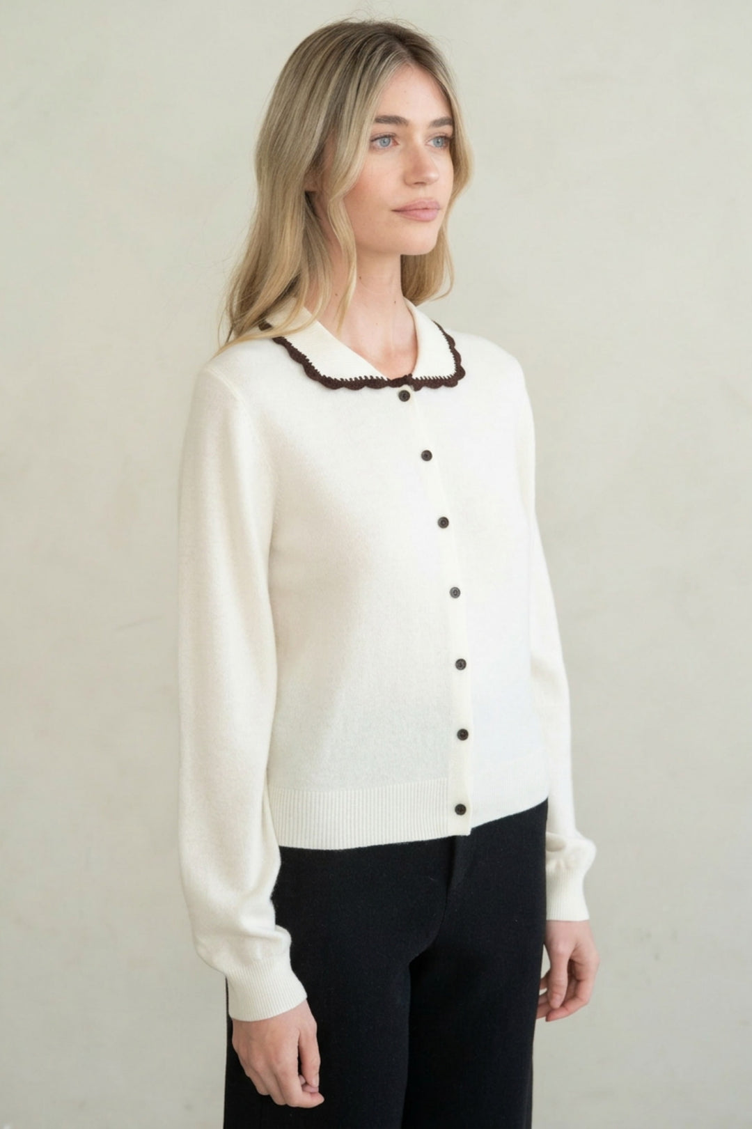 Lucy vintage-inspired fine-gauge knit cardigan with scalloped contrast collar trim and button-front closure