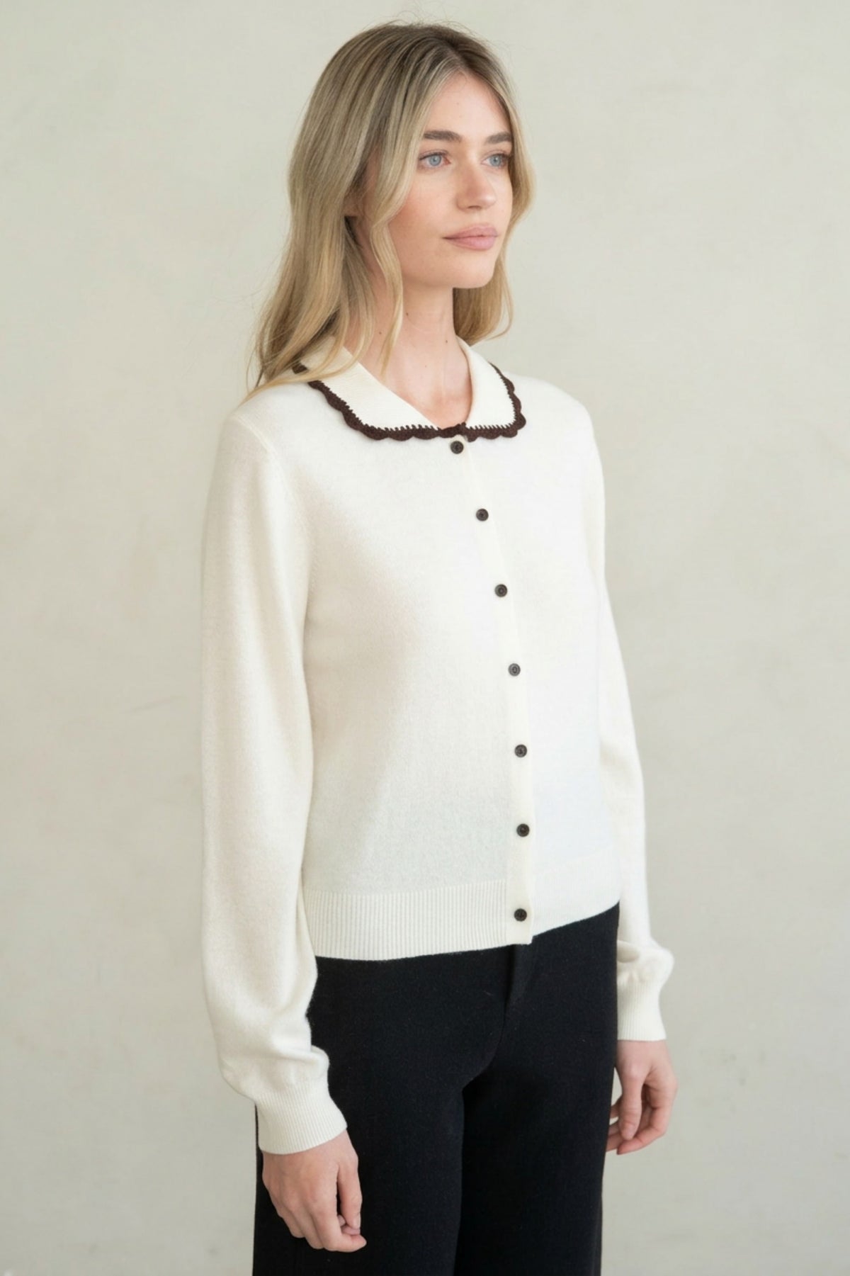 Lucy vintage-inspired fine-gauge knit cardigan with scalloped contrast collar trim and button-front closure