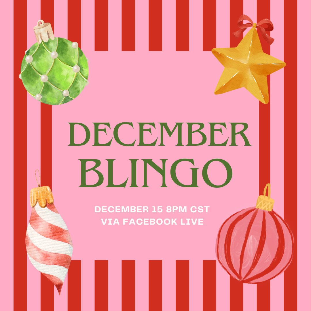 December BLINGO event flyer for Dec 15 at 8PM CST on Facebook Live with holiday ornaments.
