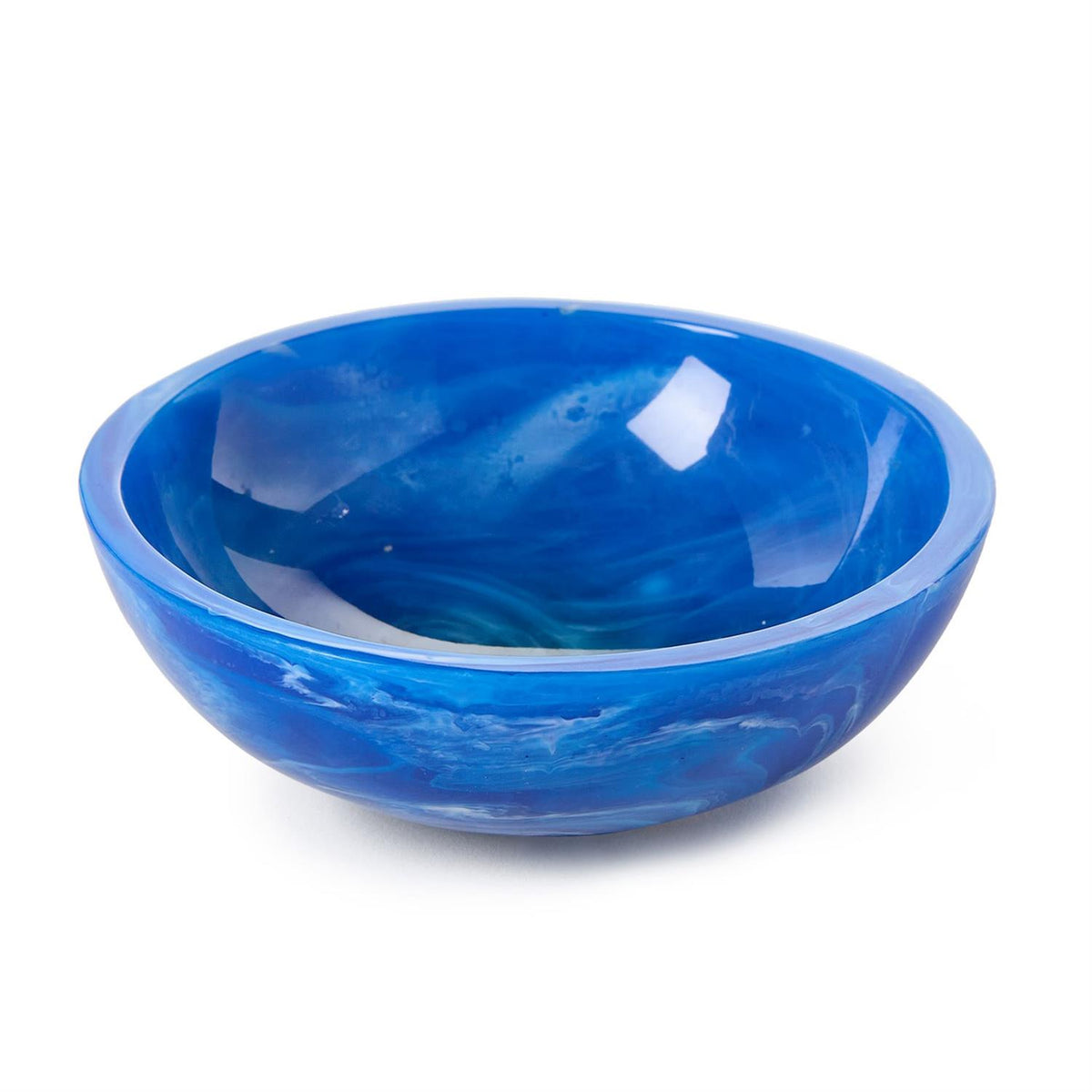 Vibrant blue marbled resin round tidbit bowl with white swirls on a white background.