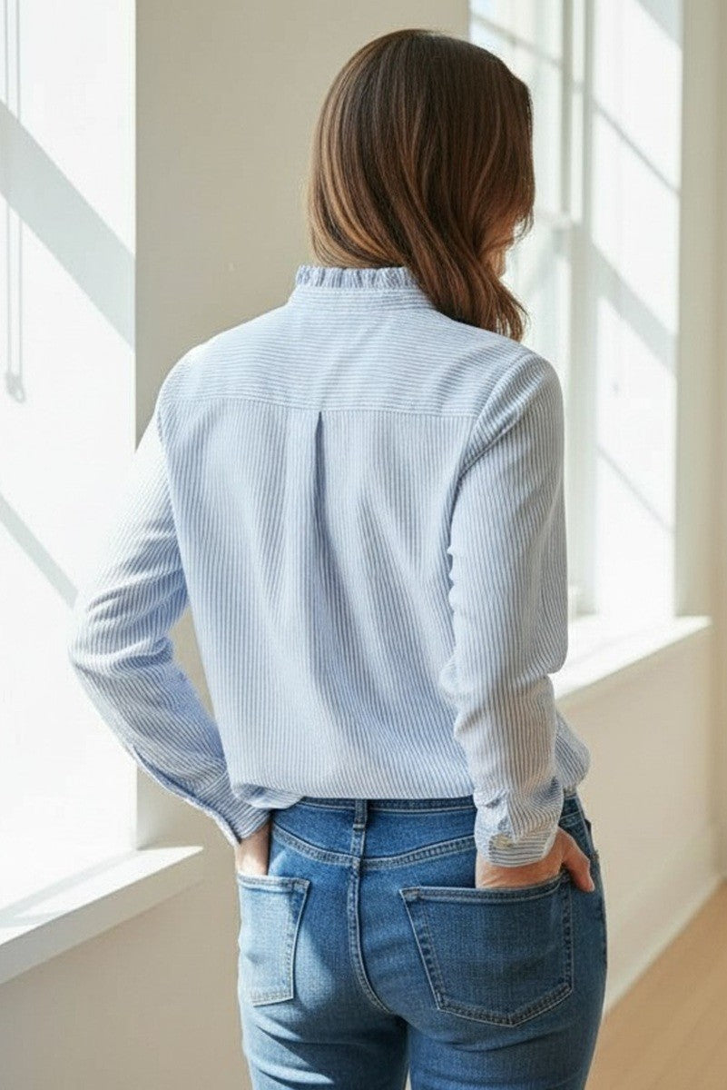 Madison frill neck pinstriped cotton button-down shirt with long sleeves