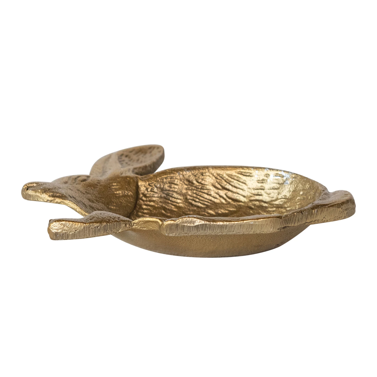 Gold finish cast aluminum dish in the shape of a rabbit, viewed from a side angle.
