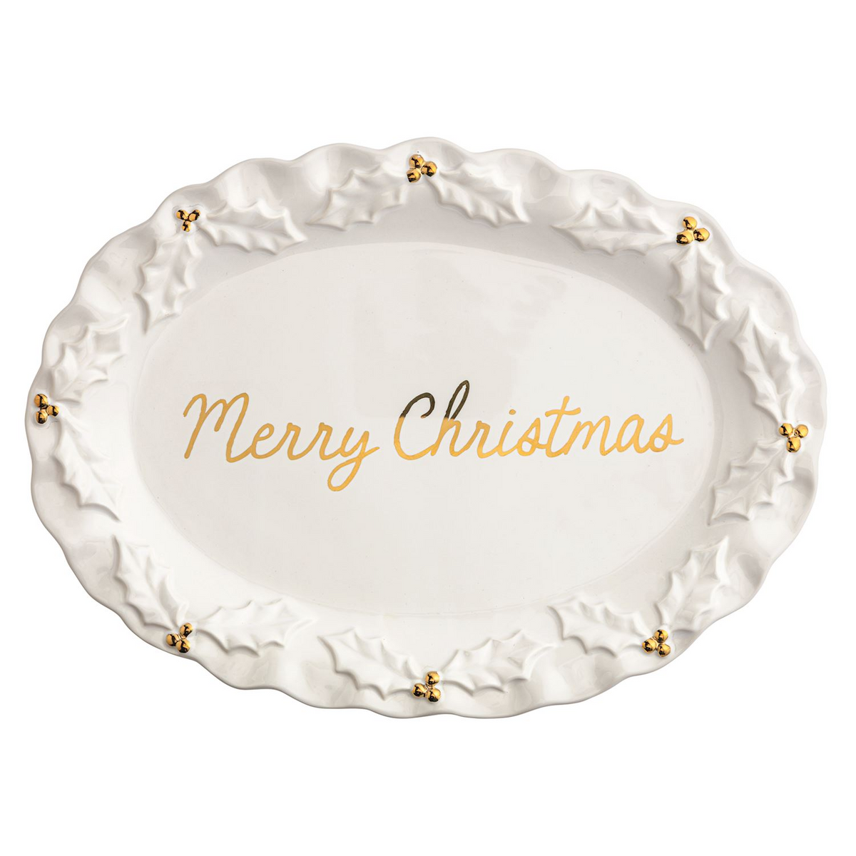 White stoneware oval platter with gold Merry Christmas script and holly leaf rim with gold berries.