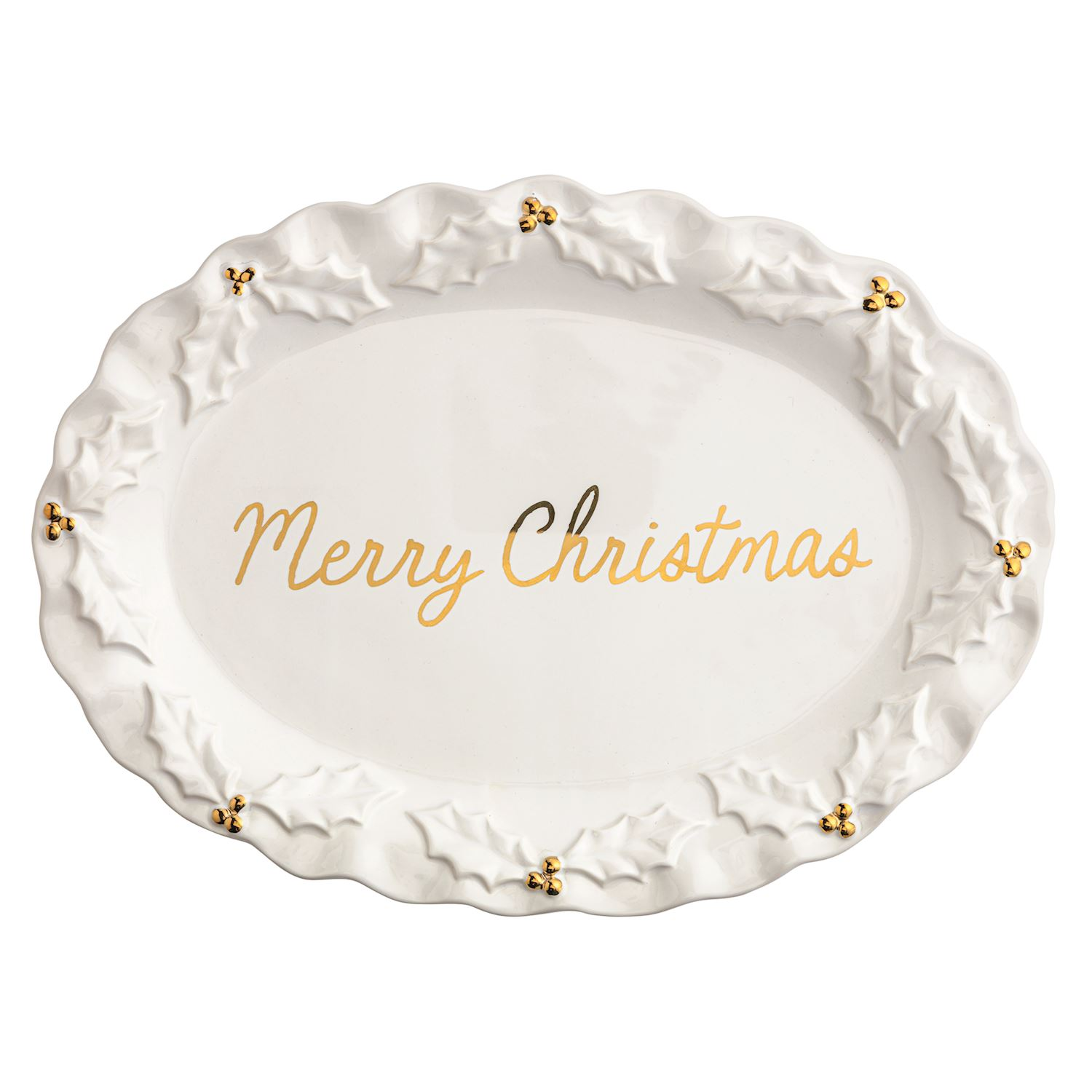 White stoneware oval platter with gold Merry Christmas script and holly leaf rim with gold berries.