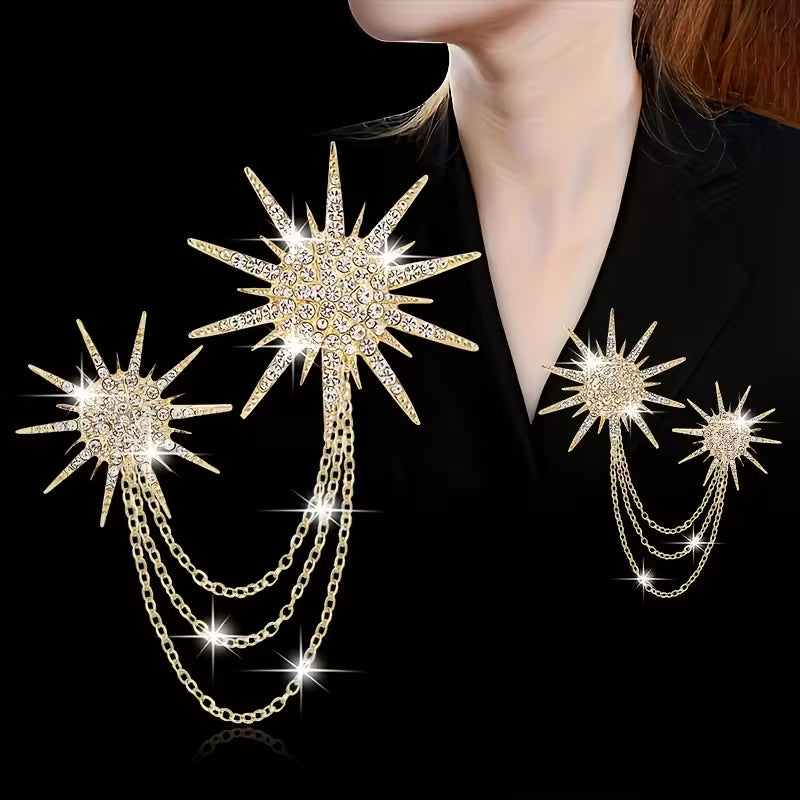 Golden rhinestone star tassel brooch pin with dangling fringe