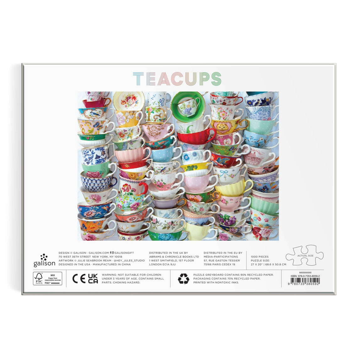 Teacups 1000-piece puzzle box featuring a vintage illustration of colorful teapots and cups on a light background.