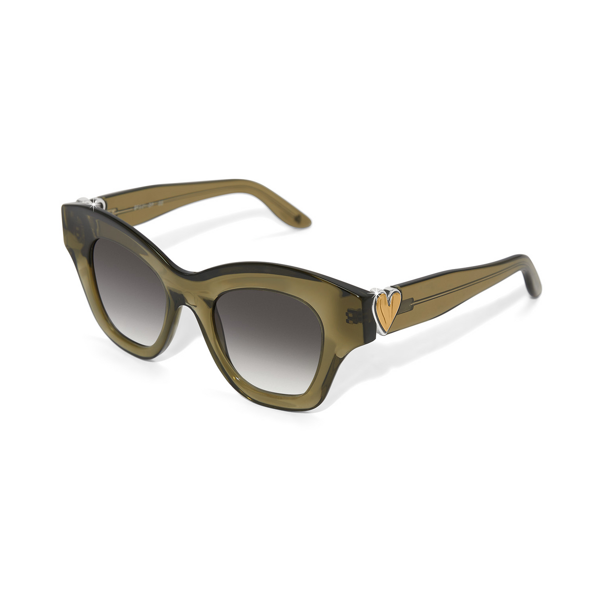 Cascade Heart Sunglasses in sage green with cat-eye frames and molten metal heart temple accents.