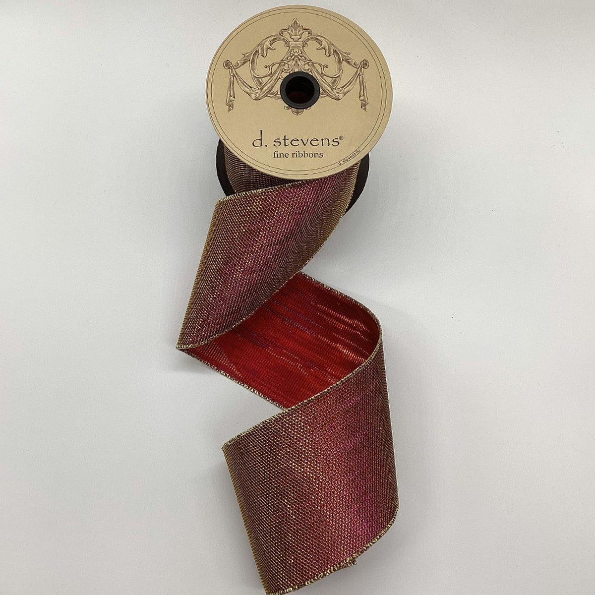 4 inch wide Arizona ribbon with a red and gold micro dot lame finish on a d. stevens spool.