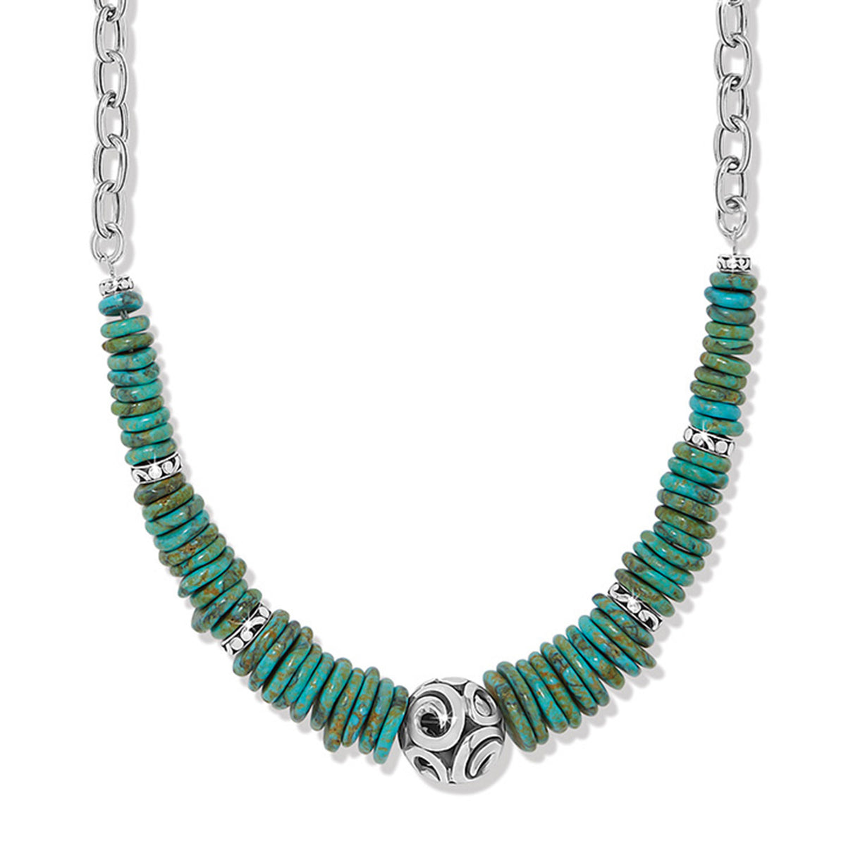 Silver-plated necklace with adjustable chain featuring a round turquoise magnesite disc pendant.