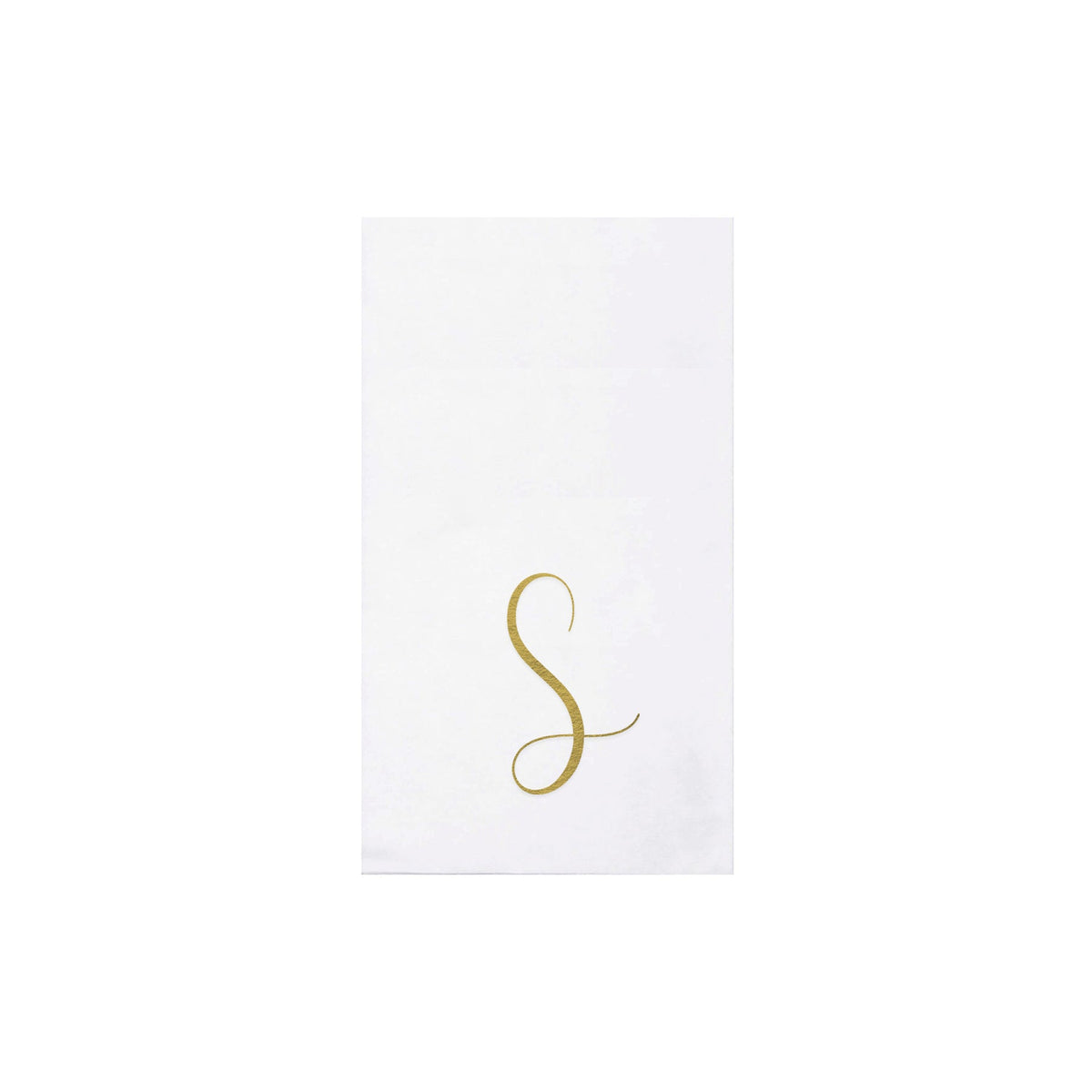 Folded gold monogram guest towels made from absorbent spunlace material.